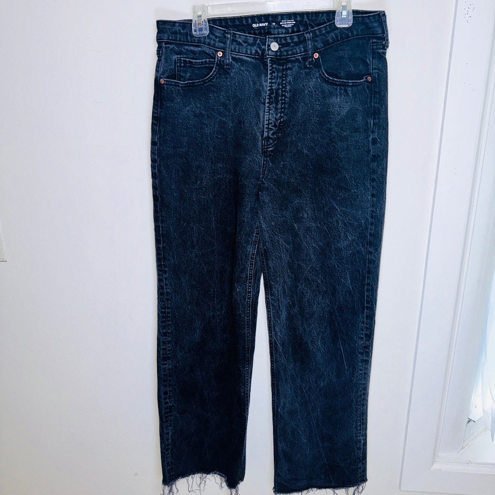 Old Navy Sky-Hi Wide Leg Jeans Womens 14 Extra High Rise Black Acid Wash Raw Hem